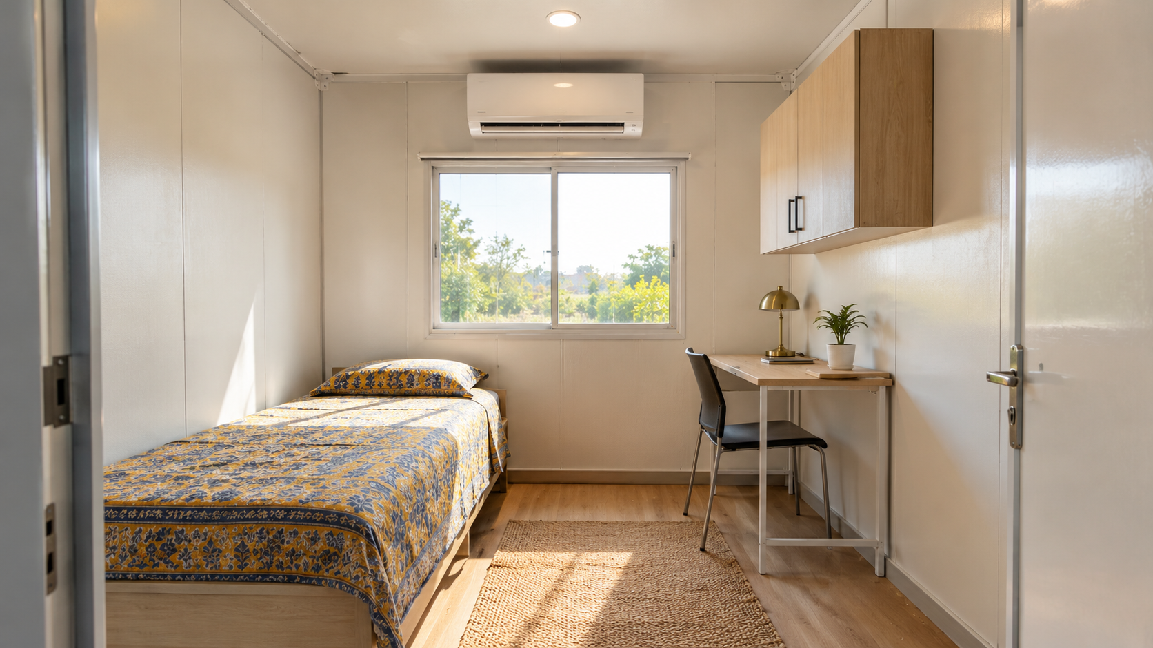 Interior of a foldable cabin with bed and storage
